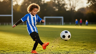 Niño sonriente con camiseta de fútbol pateando un balón en un campo verde al atardecer, fotografía deportiva infantil en Alicante
