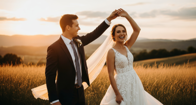 Pareja de recién casados bailando al atardecer en un campo, foto de boda estilo natural y romántico en Alicante.