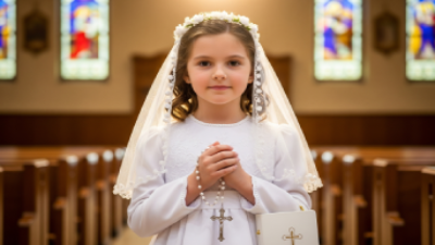 Niña sonriente vestida de primera comunión con rosario en una iglesia, foto profesional en Alicante.