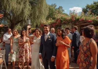 Pareja celebrando su boda rodeada de invitados en un evento al aire libre