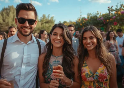 Grupo de personas sonriendo y disfrutando de un evento social al aire libre