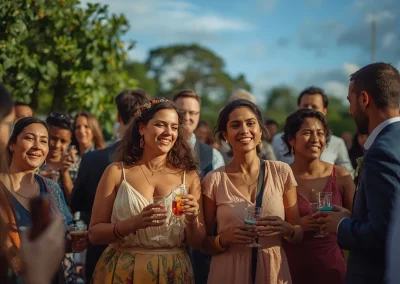 Grupo de personas disfrutando de un evento social al aire libre con bebidas y ambiente festivo