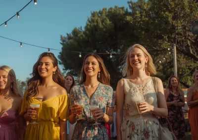 Grupo de personas sonriendo y disfrutando de un evento social al aire libre