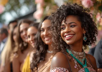 Retrato de una mujer sonriendo durante un evento social al aire libre, rodeada de otros asistentes