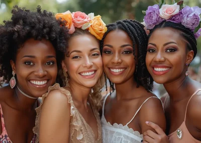 Retrato grupal de cuatro mujeres sonriendo con coronas de flores en un evento al aire libre