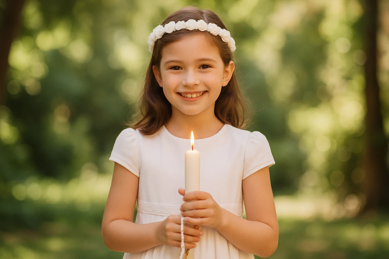 Niña sonriente vestida de primera comunión con rosario en una iglesia, foto profesional en Alicante.