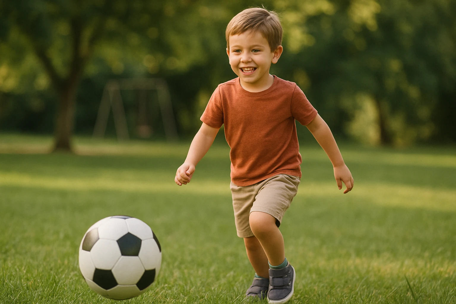 Niño sonriente con camiseta de fútbol pateando un balón en un campo verde al atardecer, fotografía deportiva infantil en Alicante