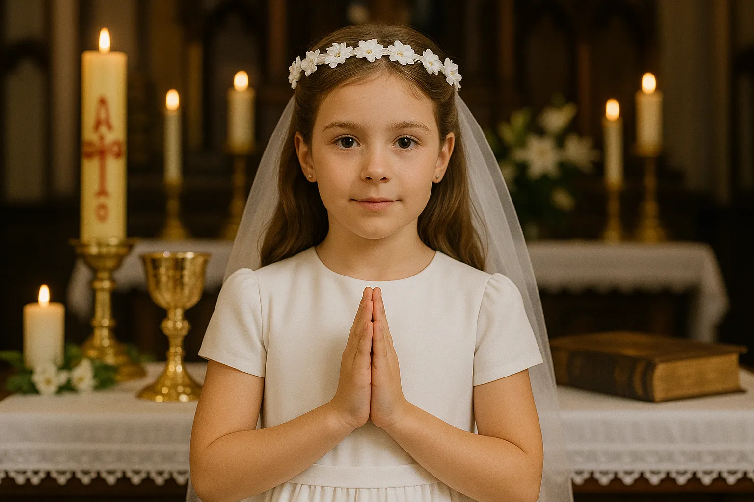 Niña sonriente vestida de primera comunión con rosario en una iglesia, foto profesional en Alicante.