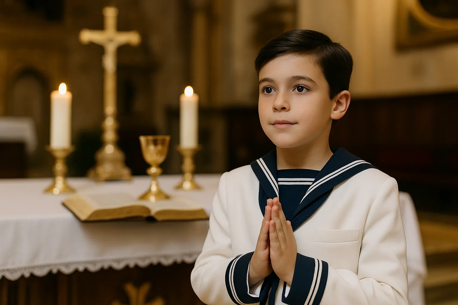 Niña sonriente vestida de primera comunión con rosario en una iglesia, foto profesional en Alicante.