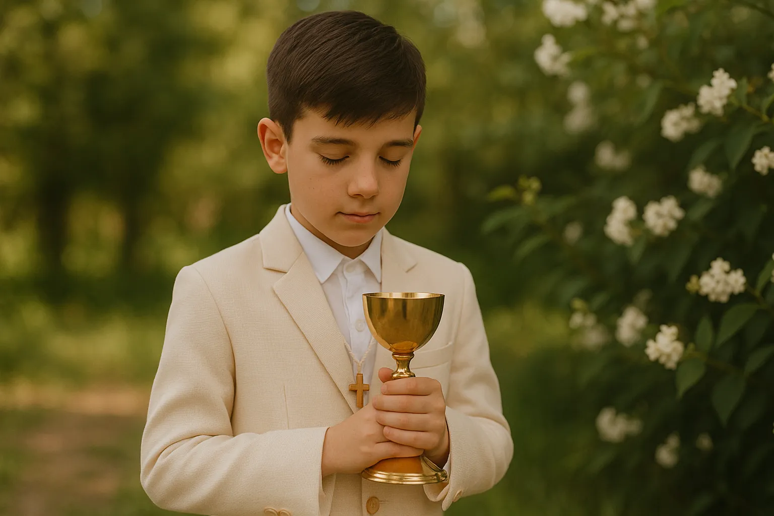 fotografia_primera_comunion_nino_natural Niña sonriente vestida de primera comunión con rosario en una iglesia, foto profesional en Alicante.